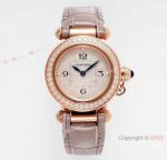Super clone Pasha De Cartier 30mm Quartz Watch Rose Gold Diamond-set Gray Leather Strap